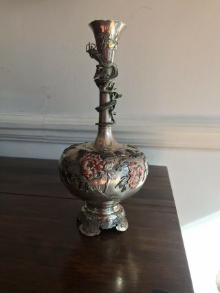 Antique 19th C Japanese Enamel Sterling Solid Silver Vase With Dragon & Flowers