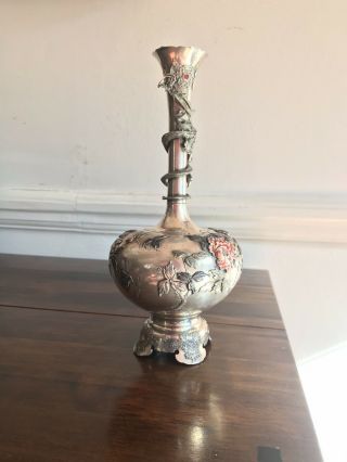 Antique 19th C Japanese Enamel Sterling Solid Silver Vase With Dragon & Flowers 2