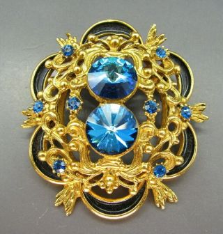 Vintage Antique Gold Tone Brooch Pin Black Enamel Blue Rhinestones Rivoli Ab