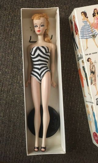 Vintage 2 Ponytail Barbie Doll Nipples,  Bw Stripe Swimsuit Orig Box Stand 
