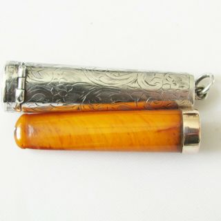 Old Antique Amber Cheroot Holder With 9ct Gold Trim & Sterling Silver Case