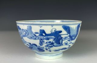 Antique Chinese Blue And White Porcelain Bowl With Figures On Horseback - 17c