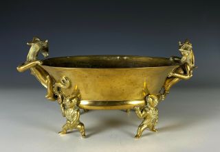 Very Large Antique Chinese Bronze Footed Censer With Dragon Handles
