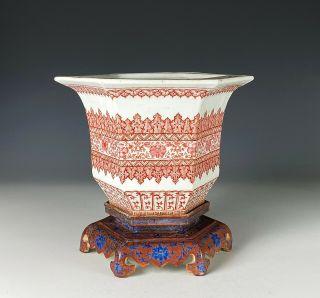 Unusual Old Chinese Enameled Porcelain Planter With Porcelain Stand