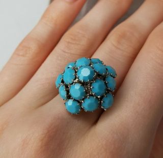 Rare Vintage Turquoise Blue Stone Silver Tone Size M Ring Gift Costume Jewellery