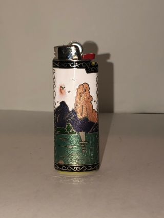 Vintage Cloisonne Enamel Brass Asian Landscape Lighter Holder Case Cover Sleeve