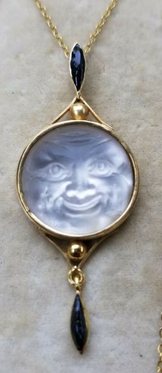 Antique Carved Man In The Moon Enamel 9 K Gold Pendant Necklace Boxed Estate