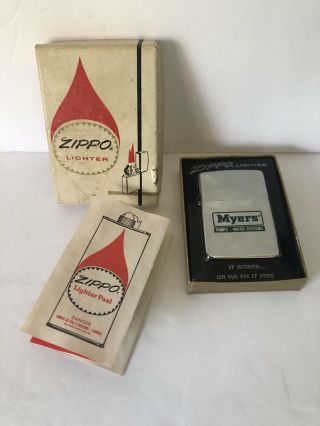 Vintage 1977 Old Stock Nos Zippo Advertising Lighter Myers W/box Brochure