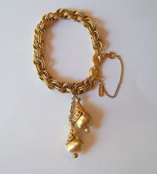 Vintage Monet Double Link Gold Tone Bracelet,  2 Tassels & Safety Chain 7.  50 "