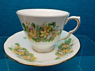 Vintage Queen Anne Bone China Tea Cup And Saucer Shamrocks Yellow Flowers
