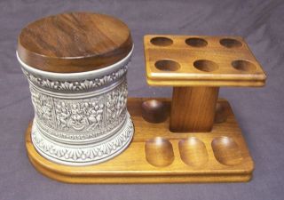 Walnut Pipe Rack With Vintage Marzi & Remy 608 Gray Humidor With Humidistat