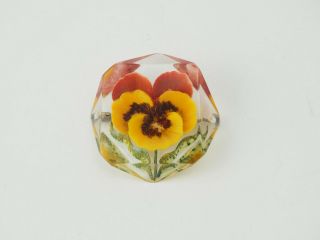 Vintage Reversed Carved Yellow Orange Pansy Flower Acrylic Lucite Pin Brooch
