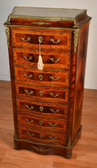 1870s Antique Napoleon Iii Walnut White Marble Top Lady’s Desk/ Chest Of Drawers