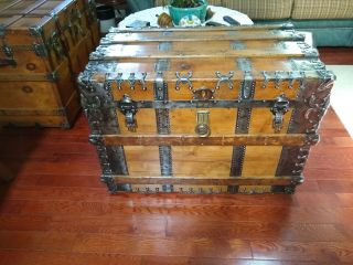 Antique Flat Top Steamer Trunk With Heavy Hardware And Tray.