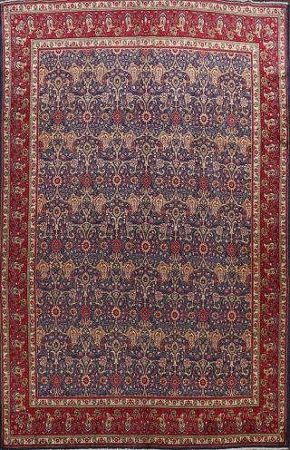 Vintage Floral Tebriz Navy Blue Hand - Knotted Area Rug Wool Oriental Carpet 10x13
