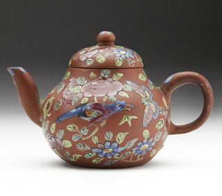 Antique Chinese Miniature Enamelled Yixing Teapot Signed 18/19th C.
