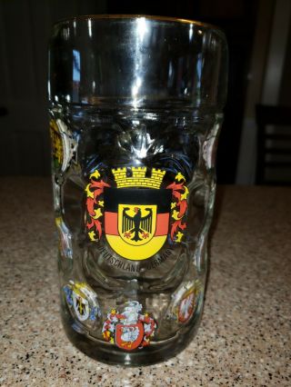 Vintage German Dimple Glass Beer Mug/stein - 10 Family Crest & Gold Rim 1 Liter