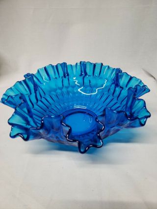 Vintage Large Fenton Blue Centerpiece Glass Bowl Frilled Ruffled Edge