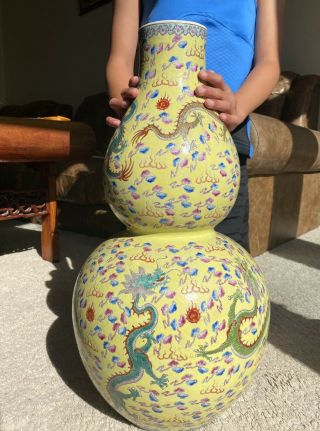 A Huge Early 20th Century Chinese Famille Rose Dragon Double Gourd Vase