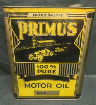 Rare Antique Primus Race Car Graphic 2 Gallon Motor Oil Can Dj83