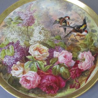 Antique French Limoges 18 " Porcelain Charger Plaque Roses Lilacs,  Birds Golse