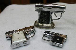(3) Vintage Chrome Gun Shaped Lighters Fine