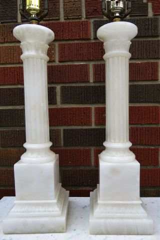 Vntg Pair Lamps Alabaster Marble Carved Italian Column Hollywood Regency