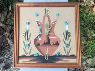Vintage American Indian Navajo Sand Art Pottery Clock Signed Turquoise Nuggets