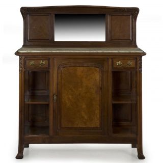 Antique Sideboard Server | French Art Nouveau Marble Top & Carved Walnut Buffet