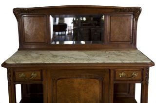 ANTIQUE SIDEBOARD SERVER | French Art Nouveau Marble Top & Carved Walnut Buffet 3
