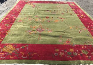 ART DECO CHINESE RUG,  AN ATTRACTIVE EMERALD GREEN ART DECO DESIGN CHINESE RUG 2