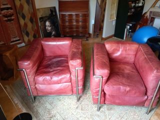 Corbusier Vintage Lc2 Petit Modele,  2 Chairs,  Signed And Numbered,  Red Leather