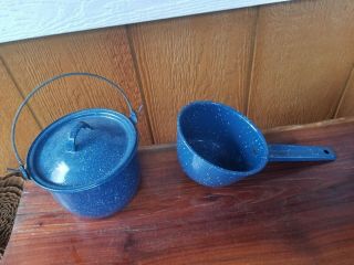 Vtg Enamel Ware Blue Speckled Metal Sauce Soup Pan Pot & Covered Pot Lid Camping