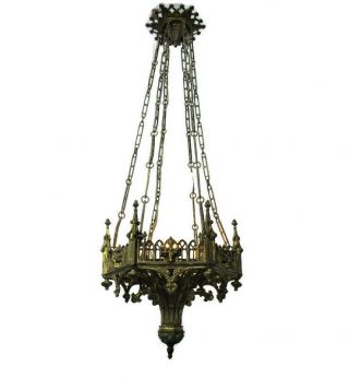 Neo Gothic Bronze Gilded Revival Chandelier Antique Impressive Troubadour Light
