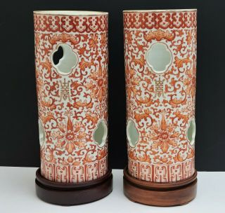 Pair Antique Chinese Iron Red Porcelain Vases Hat Stands W Flowers & Bats