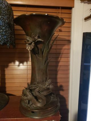 Important Antique Japanese Meiji Bronze Dragon & Lotus Vase - 22 " Patina