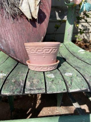 Vtg Mid Century Mccoy Planter Pot Pottery Pink Greek Key 4 " Tall X 5 7/8 " Dia