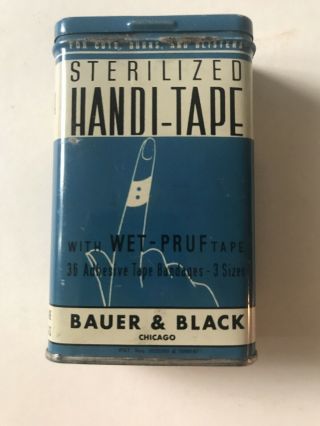 Vintage Bauer & Black Sterilized Handi - Tape Bandages Tin Chicago Advertising