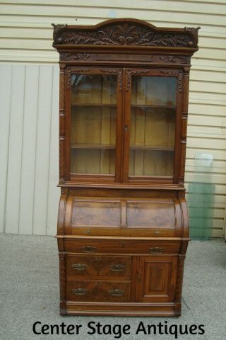 60682 Antique Victorian Walnut Cylinder Secretary Desk With Bookcase Top