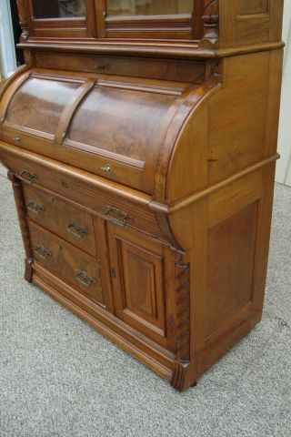60682 Antique Victorian Walnut Cylinder Secretary Desk with Bookcase Top 3