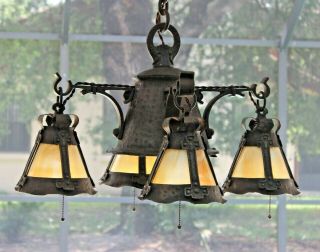 HISTORIC antique Mission Arts&Crafts hammered iron slag chandelier Stickley era 2