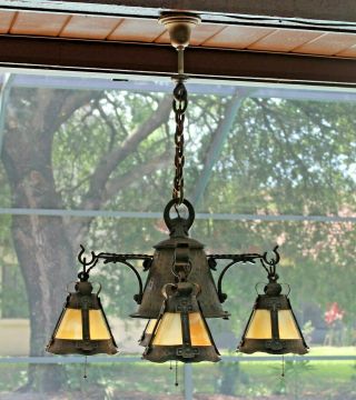HISTORIC antique Mission Arts&Crafts hammered iron slag chandelier Stickley era 3
