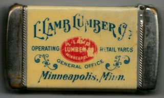 Celluloid Wrapped Match Safe - L.  Lamb Lumber Co - Minneapolis Minn - Steer Rebus