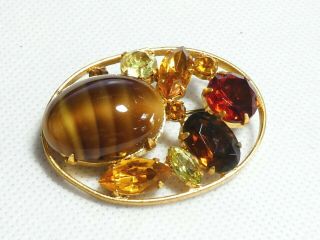 Vintage Oval Art Glass Amber/orange/lemon/brown Glass Rhinestone Cluster Brooch