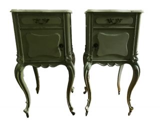 A Pair Antique Victorian Nightstands Bed - End Tables Marble Top 19th C Baroque