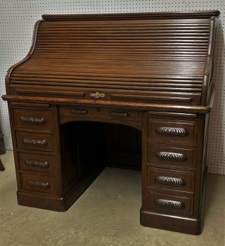 American Antique S Curve Solid Golden Oak Fitted Roll Top Desk Circa1890