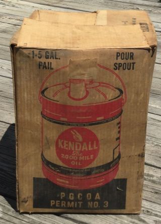 Vtg Kendall Motor Oil 5 Gallon Can Pail Cardboard Advertising Box Garage Auto