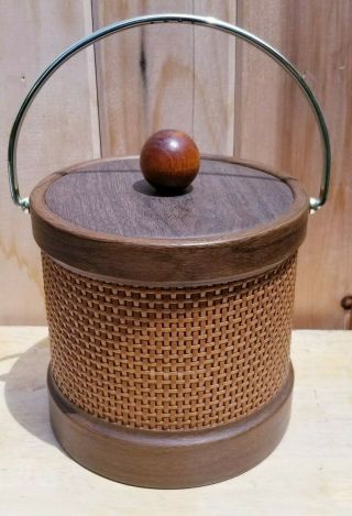 Vintage Mid Century Modern Kraftware Ice Bucket Wooden Basket Weave Barware
