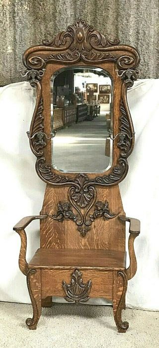 Extremely Ornate Antique Quarter Sawn Oak Hall Tree With Beveled Mirror