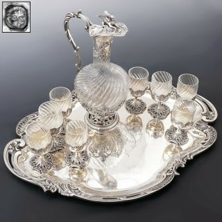 Antique French Sterling Silver Cut Crystal Liquor Service Decanter,  Tray,  Dragon